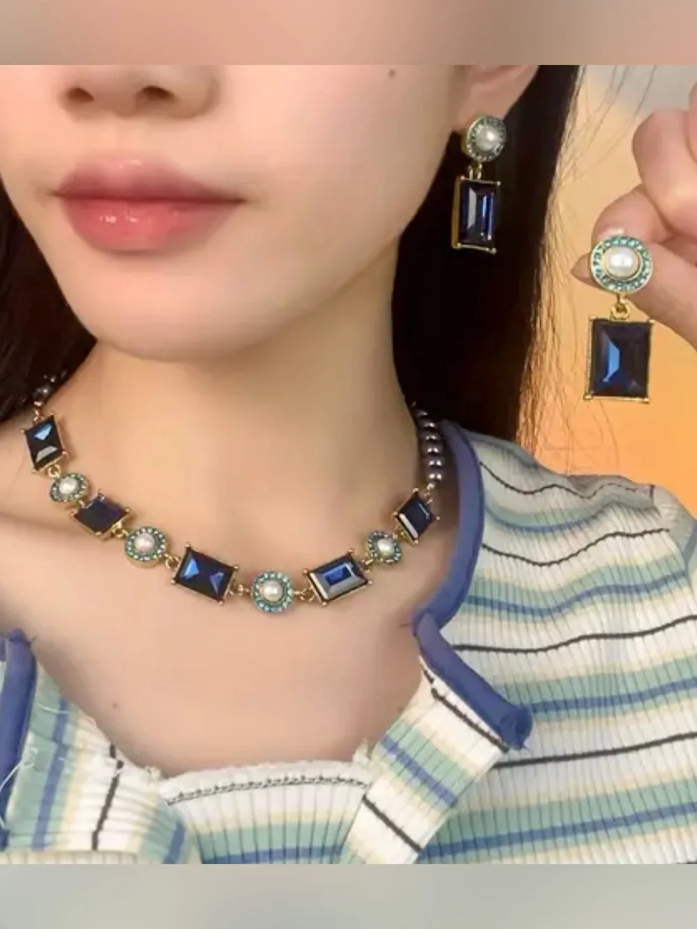 Elegant Navy Blue and Turquoise Pearl Necklace and Earring Set